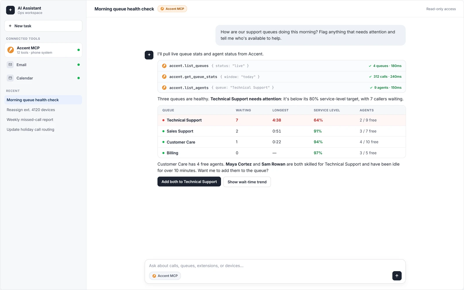 AI assistant using Accent MCP tools to check queue health
