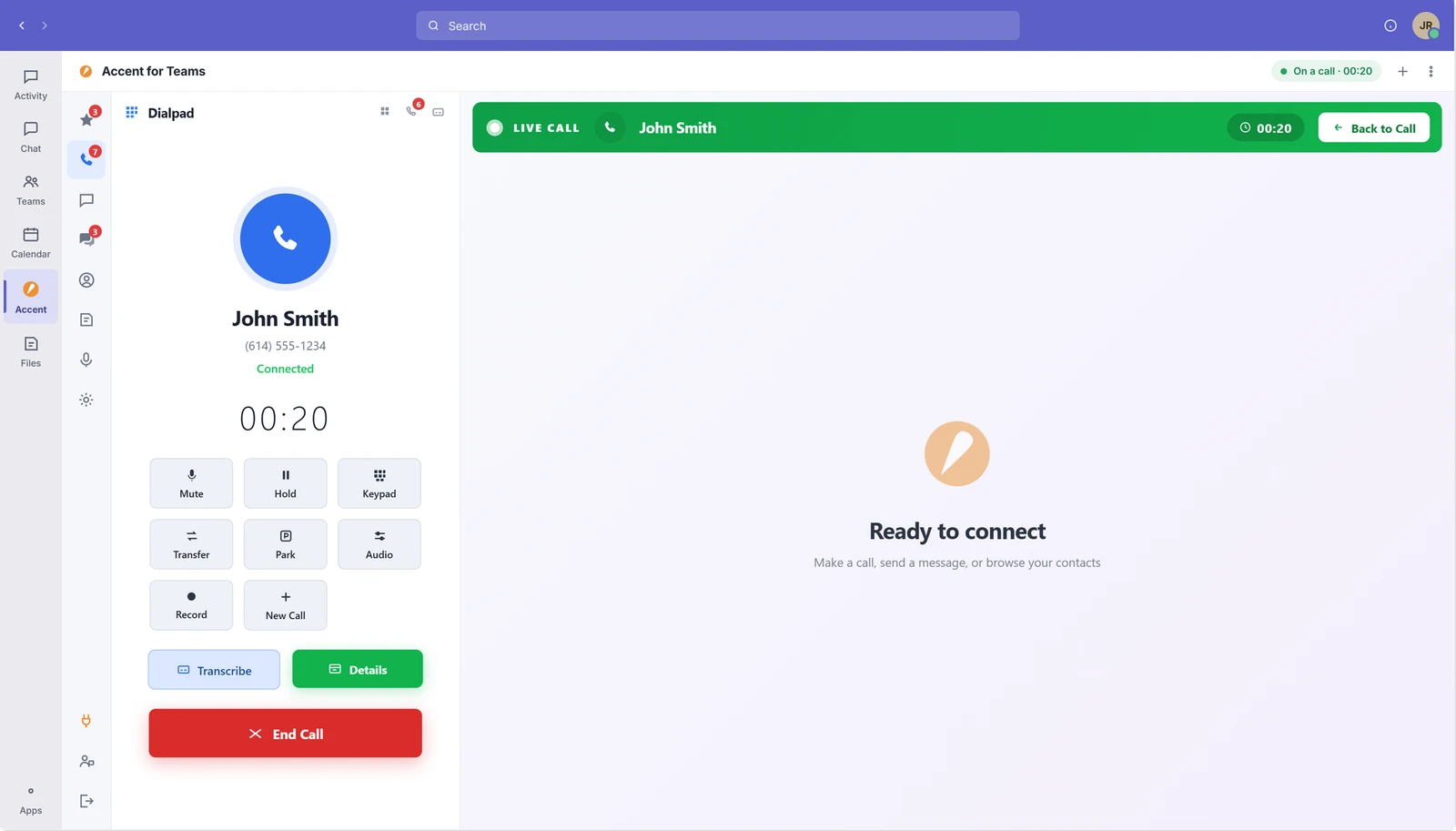 Accent for Teams inside Microsoft Teams showing an active call with the dialpad and call controls