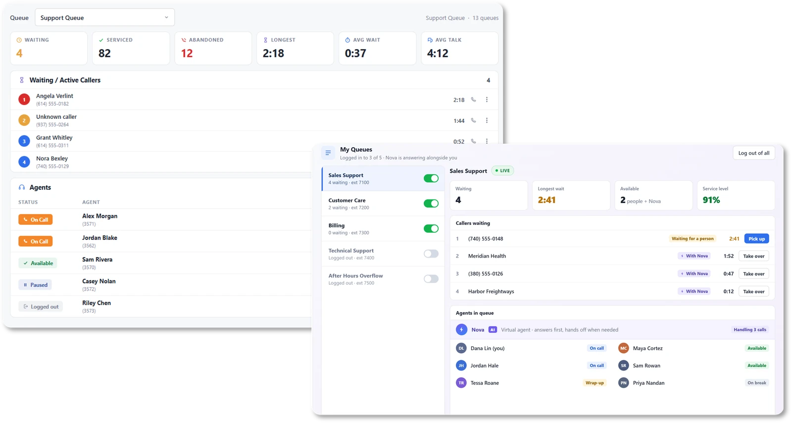 Accent Support Queue and My Queues dashboards showing live callers and agents