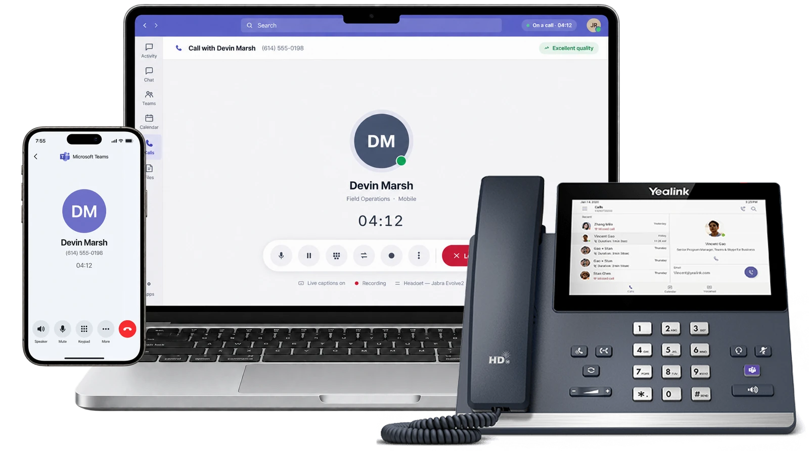 Microsoft Teams call on a laptop, phone, and Yealink desk phone