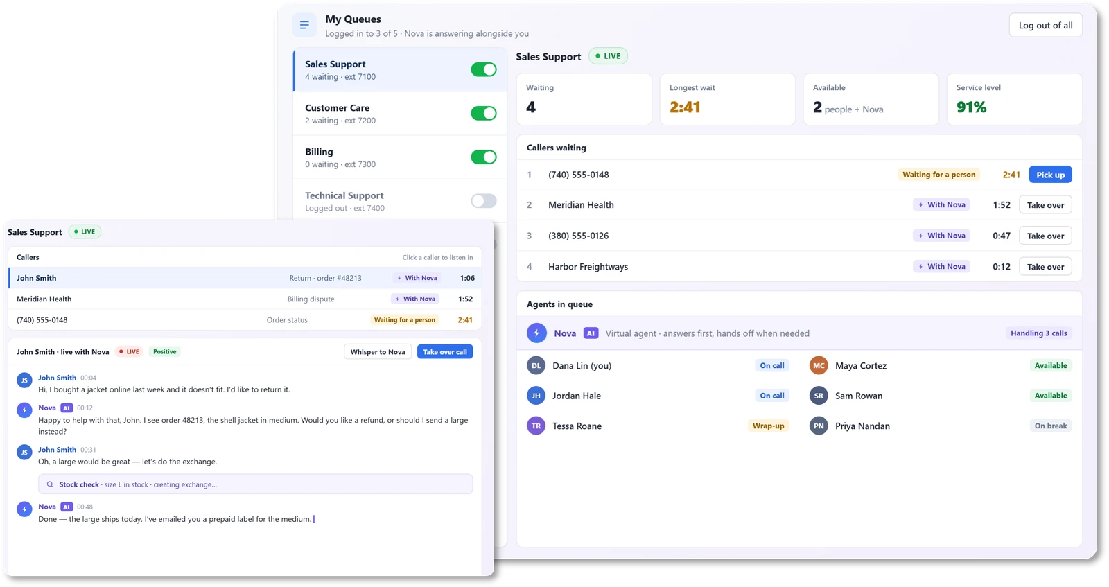 Accent queues dashboard with a virtual agent live on a Sales Support call